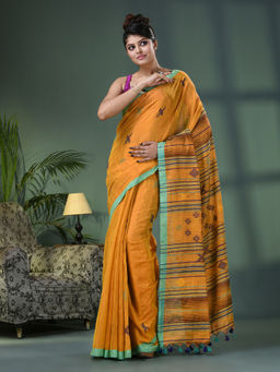 Angoshobha - Orange Zari Cotton All Body Kantha Buti Handloom Tissue Saree with Unstitched Blouse