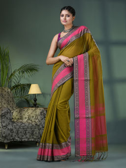 Angoshobha - Moss Green Cotton Jacquard Border Handloom Saree with Unstitched Blouse