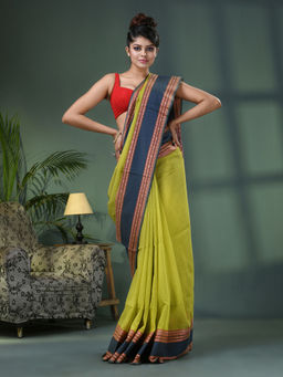 Angoshobha - Lime Green Cotton Jacquard Border Handloom Saree with Unstitched Blouse