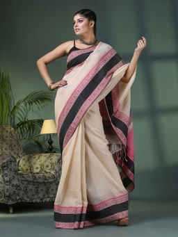 Angoshobha - Cream Cotton Jacquard Border Handloom Saree with Unstitched Blouse