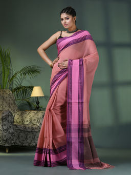 Angoshobha - Pastel Peach Cotton Jacquard Border Handloom Saree with Unstitched Blouse