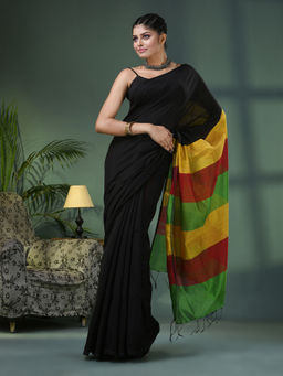 Angoshobha - Black Cotton Blend Handloom Saree with Unstitched Blouse