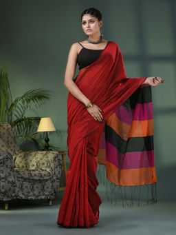 Angoshobha - Red Cotton Blend Handloom Saree with Unstitched Blouse