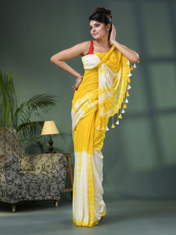 Angoshobha - Yellow & White Cotton Srivari Handloom Saree with Unstitched Blouse