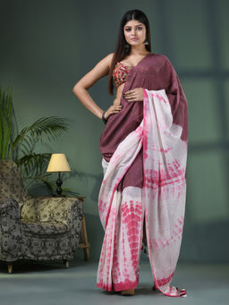 Angoshobha - Brown & White Cotton Srivari Handloom Saree with Unstitched Blouse