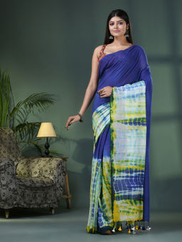 Angoshobha - Blue & White Cotton Srivari Handloom Saree with Unstitched Blouse