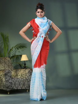 Angoshobha - Red & Sky Blue Cotton Srivari Handloom Saree with Unstitched Blouse