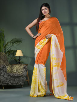 Angoshobha - Orange & White Cotton Srivari Handloom Saree with Unstitched Blouse