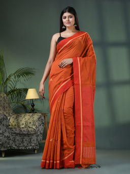 Angoshobha - Orange Cotton Blend Jacquard Work Handloom Saree with Unstitched Blouse