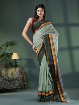 Angoshobha - Sage Green Cotton Jacquard Border Handloom Saree with Unstitched Blouse