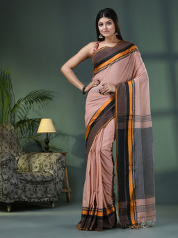 Angoshobha - Peach Cotton Jacquard Border Handloom Saree with Unstitched Blouse