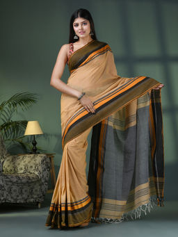 Angoshobha - Beige Cotton Jacquard Border Handloom Saree with Unstitched Blouse
