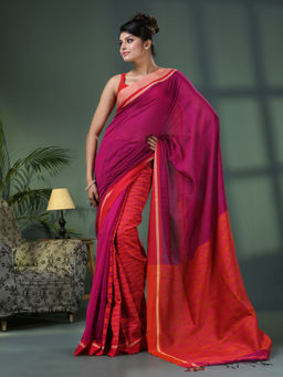 Angoshobha - Pink Cotton Blend Jacquard Work Handloom Saree with Unstitched Blouse