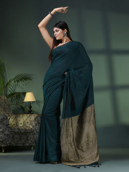 Angoshobha - Teal Cotton Blend Dupion Silk Pallu Handloom Saree with Unstitched Blouse