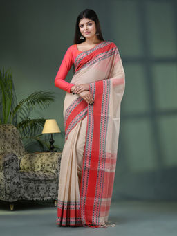 Angoshobha - Beige Cotton Jacquard Border Handloom Saree with Unstitched Blouse