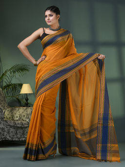 Angoshobha - Mustard Cotton Jacquard Border Handloom Saree with Unstitched Blouse
