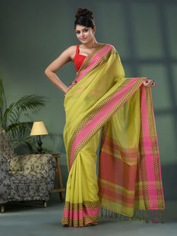 Angoshobha - Green Cotton Jacquard Border Handloom Saree with Unstitched Blouse