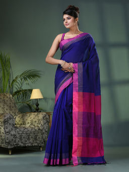 Angoshobha - Blue Cotton Blend Solid Border Handloom Saree with Unstitched Blouse