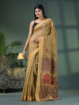 Angoshobha - Beige Cotton Blend Jacquard Work Handloom Saree with Unstitched Blouse