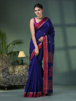 Angoshobha - Blue Cotton Blend Jacquard Work Handloom Saree with Unstitched Blouse