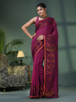 Angoshobha - Magenta Cotton Jacquard Border Handloom Saree with Unstitched Blouse