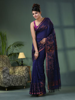 Angoshobha - Blue Cotton Jacquard Border Handloom Saree with Unstitched Blouse