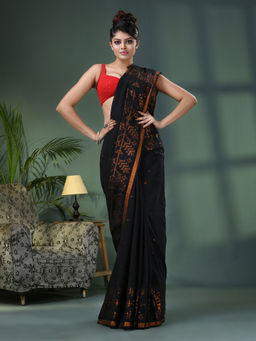 Angoshobha - Black Cotton Jacquard Border Handloom Saree with Unstitched Blouse