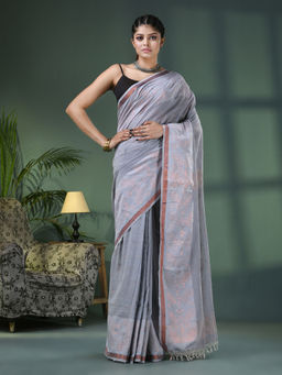 Angoshobha - Grey Cotton Jacquard Border Handloom Saree with Unstitched Blouse