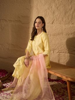 Vaamsi - Women Yellow Poly Silk Embroidered Straight Kurta Trouser with Dupatta (Set of 3)