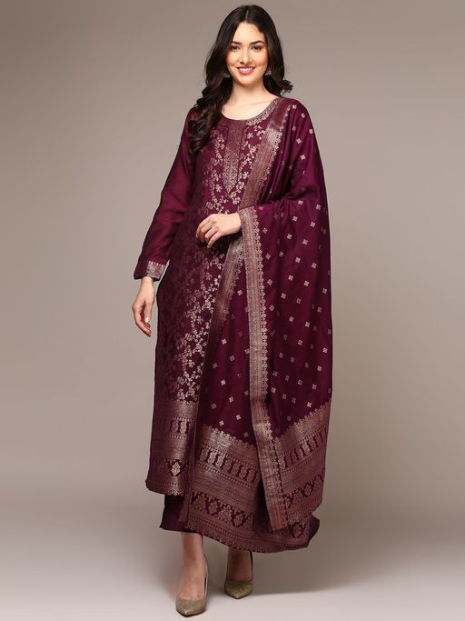 Vaamsi Maroon Poly Chanderi Ethnic Motifs Woven Design Kurta Pants with Dupatta (Set of 3)