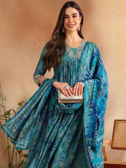 Vaamsi - Teal Silk Blend Ethnic Motifs Printed Anarkali Kurta Pants with Dupatta (Set of 3)