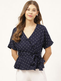 Twenty Dresses by Nykaa Fashion - Navy Blue Polka Keep It Tied Wrap Top