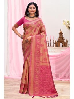 Sangam Prints - Pink Silk Woven Zari Work Traditional Tassel Saree with Unstitched Blouse