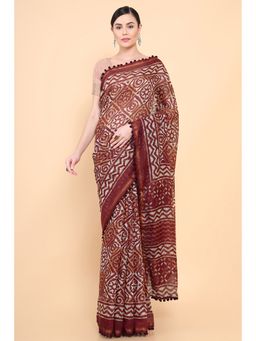 Soch - Women Maroon Cotton Printed Saree with Unstitched Blouse