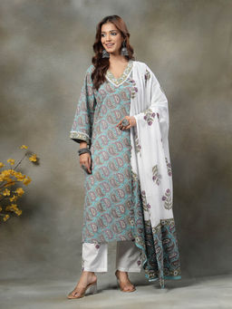 Yufta - Sky Blue Paisley Cotton Straight Kurta White Trouser With Dupatta