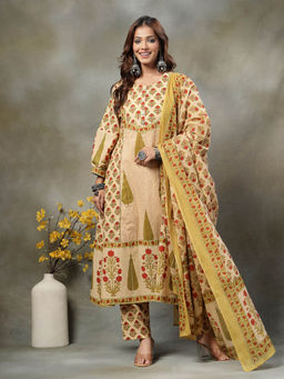 Yufta - Green And Peach Floral Print Cotton A-Line Kurta And Trouser With Dupatta