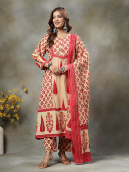 Yufta - Red And Peach Floral Print Cotton A-Line Kurta And Trouser With Dupatta