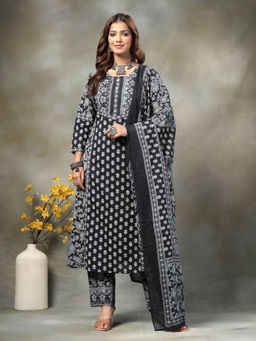 Yufta - Black Floral Print Sequins Work Cotton A-Line Kurta And Trouser With Dupatta