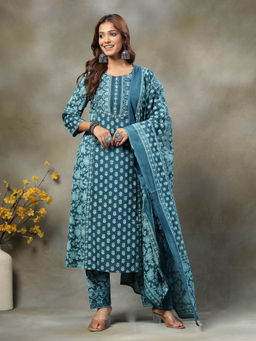 Yufta - Teal Blue Floral Print Sequins Work Cotton A-Line Kurta And Trouser With Dupatta