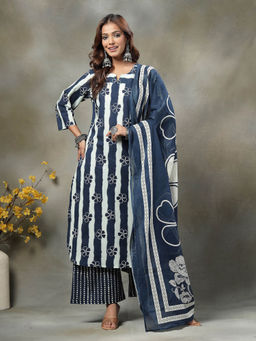 Yufta - Navy Blue Floral Print Cotton Straight Kurta & Pant With Dupatta