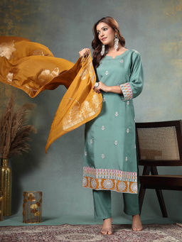 Yufta - Green Dori Embroidery Straight Silk Blend Kurta With Trouser & Dupatta