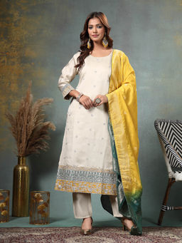 Yufta - Cream Dori Embroidery Straight Silk Blend Kurta Trouser And Dupatta