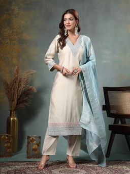 Yufta - Cream Dori Embroidery Yoke Or Border Straight Silk Blend Kurta With Trouser & Dupatta