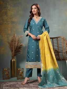 Yufta - Teal Blue Dori Embroidery Straight Silk Blend Kurta With Trouser & Dupatta