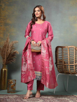 Yufta - Pink Dori Embroidery Straight Silk Blend Kurta With Trouser & Dupatta
