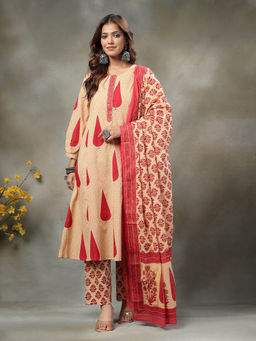 Yufta - Sequins Work Cotton A-Line Kurta And Trouser With Dupatta