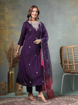 Yufta - Purple Zari Work A-Line Silk Blend Kurta With Trouser & Dupatta Cotton Lining