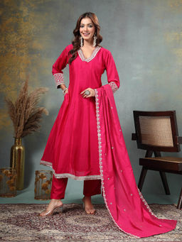 Yufta - Pink Zari Work Yoke Or Border Anarkali Silk Blend Kurta With Trouser & Dupatta
