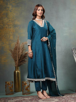 Yufta - Teal Blue Zari Work Yoke Or Border Anarkali Silk Blend Kurta With Trouser & Dupatta