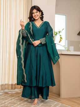 Yufta - Green Zari Work A-Line Vichitra Silk Kurta & Palazzo With Dupatta